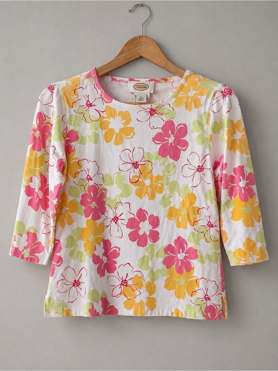 Talbots Tops - Talbots White Scoop-Neck Floral Cotton Top in Pink & Yellow